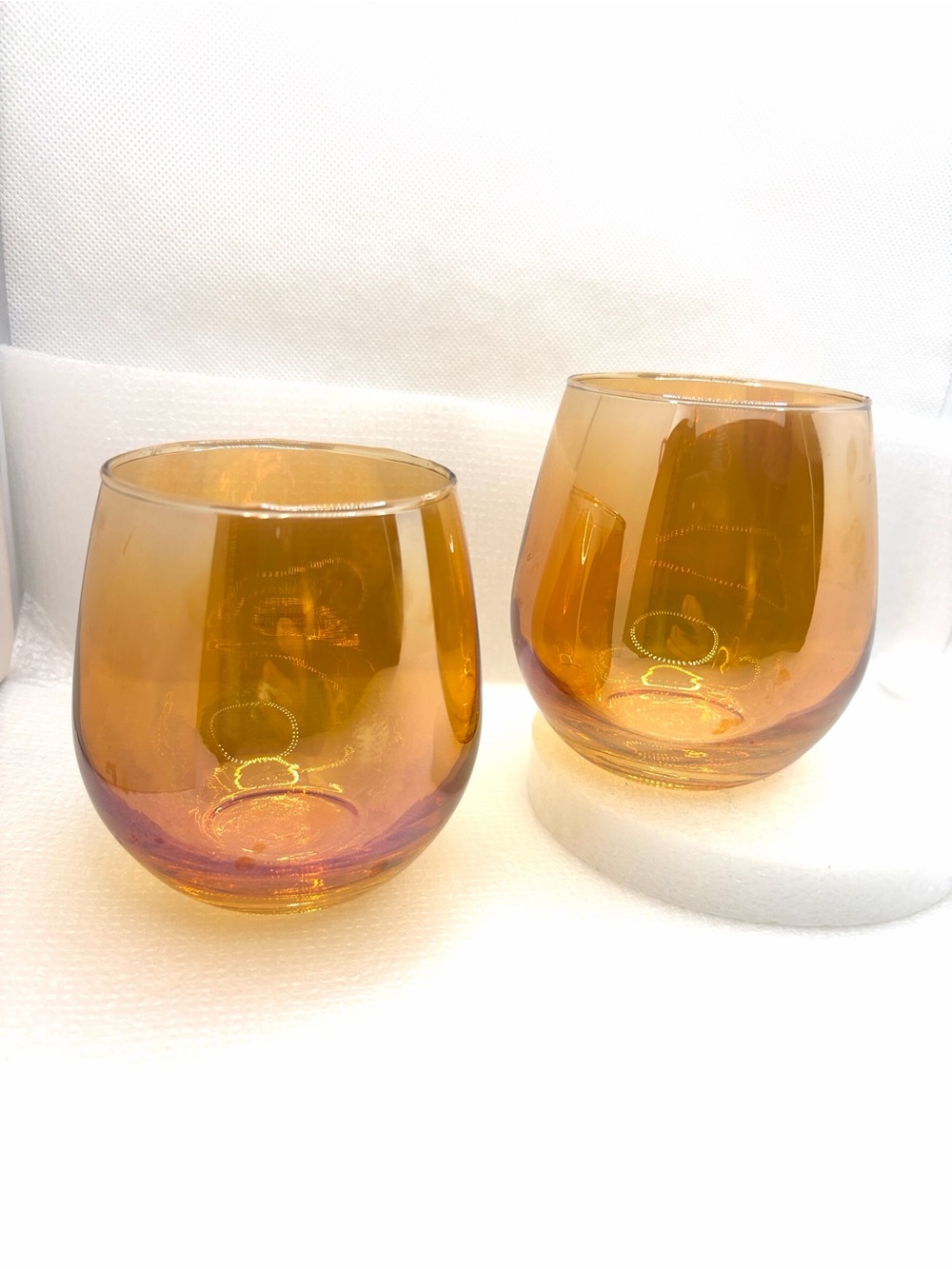 Iridescent 4" Stemless Wine/Water Glasses "Roly Poly" Ombre Amber Set of 2
